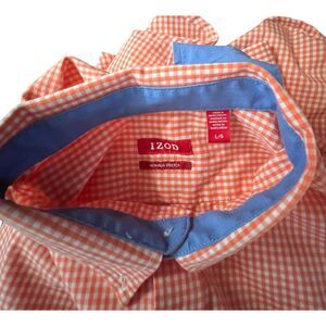 Izod Shirt Men's‎ Size Large Orange Checks Blue Roll up Sleeves Sleeve Non Iron